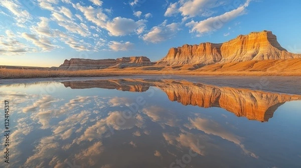 Obraz Perfect reflection of the detailed ridges of badlands in still water creating a symmetrical visual illusion of this rugged landscape under a cloud-speckled sky