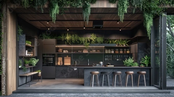 Obraz Minimalist kitchens make good use of every inch of space. This could include the use of hanging shelves or wall shelves to store kitchen utensils or other accessories,