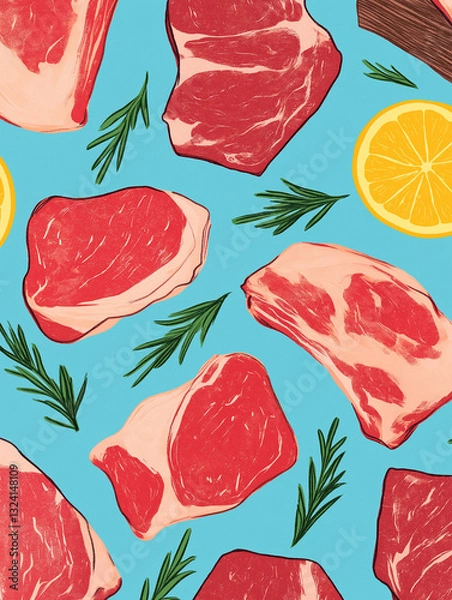 Fototapeta Savory Slices: A mouthwatering assortment of raw meat cuts artfully arranged on a vivid blue backdrop, showcasing the ingredients for a delightful culinary experience.