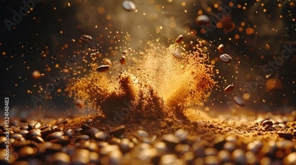 Obraz Shot of Ground Coffee and Fresh Beans Explosion Towards Camera