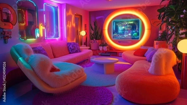 Obraz Retro-futuristic living room blending 70s-style furniture, neon lighting, and a holographic TV, creating a cozy atmosphere