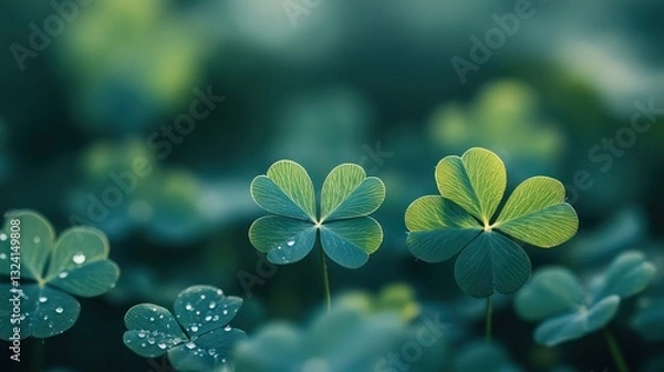 Obraz Four Lucky Leaves green clover leaves in the background. Close-up