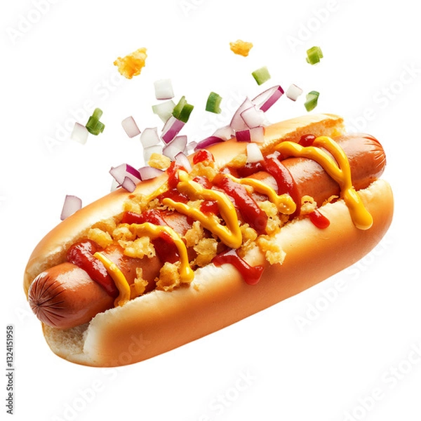 Obraz A Cheesy Hot Dog with Mustard Ketchup and Onions Isolated on Transparent Background