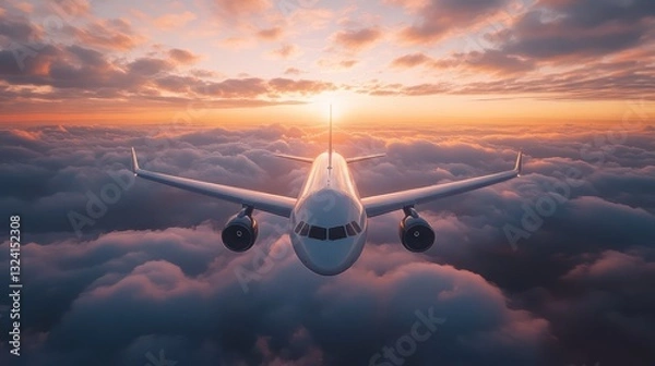 Obraz Front view of an airplane above clouds in the sky at sunset