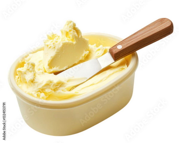 Obraz Creamy margarine in container with butter knife resting on top, perfect for spreading. Ideal for cooking and baking, adding rich flavor to dishes