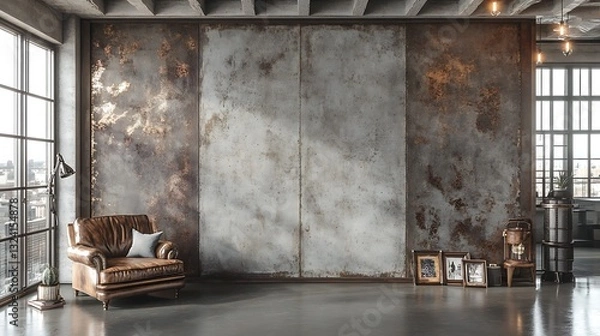 Fototapeta Loft apartment interior design, industrial wall, sunlight