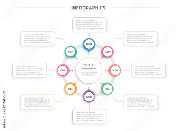 Fototapeta Business Colorful Infographics template. 8 steps rounded timeline with options and marketing icons .Vector rounded infographic with eight circle connected elements. Design can be use for presentation.