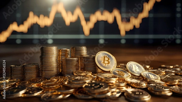 Fototapeta Bitcoins and Gold Coins with Ascending Trend Line