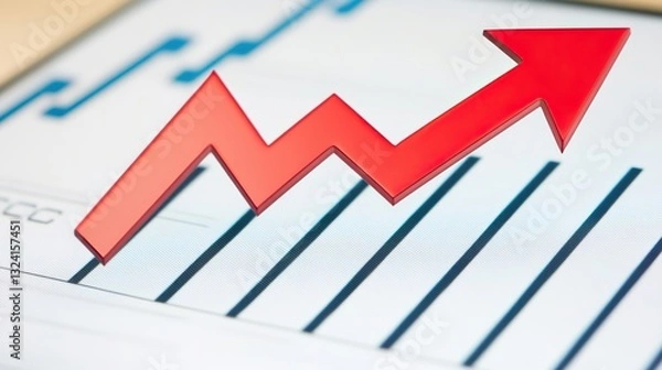 Fototapeta Close-up of a Upward arrow graph on a digital screen with financial charts, Symbolizes rising earnings, rising financials, and market analysis concepts.
