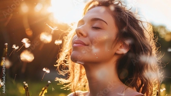 Obraz Sunset Serenity: A Boho - Style Beauty in Meditation Among Blowing Dandelion Seeds