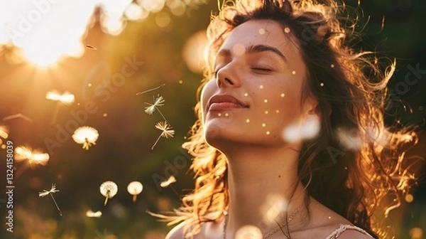 Obraz Sunset Serenity: A Boho - Style Beauty in Meditation Among Blowing Dandelion Seeds