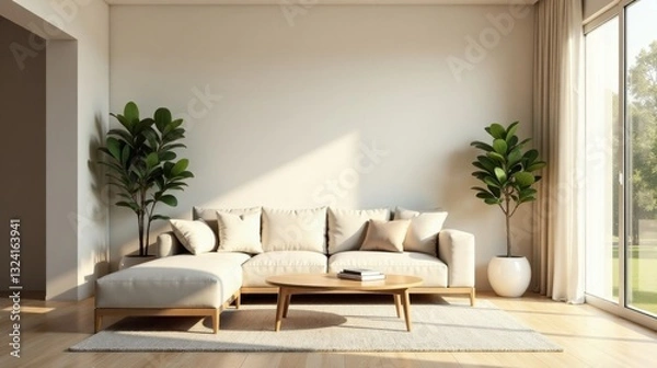 Fototapeta Serene Minimalist Living Room Design with Sunlight Streaming Through Sheer Curtains and Cream Sectional Sofa