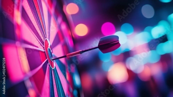 Obraz A dart hurls through the air, spinning elegantly as it approaches the bullseye on the dartboard, illuminated by the venue's neon ambiance
