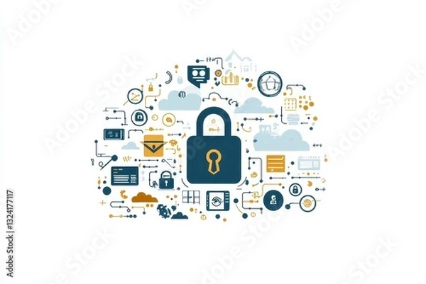 Obraz Data Security Concept with Digital Lock and Icons Representing Privacy