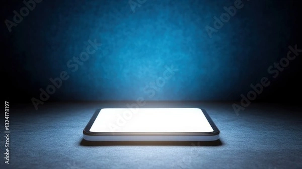 Fototapeta A glowing tablet rests on a dark surface, illuminated by a blue background, suggesting a modern and technological theme.
