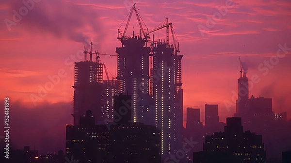 Obraz Cyberpunk Tower Rising: Sci-Fi Skyscraper Construction