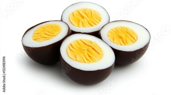 Obraz Four eggs are cut in half and arranged in a square. The eggs are yellow and white, and the halves are separated. Concept of simplicity and elegance, as the eggs are presented in a minimalistic way