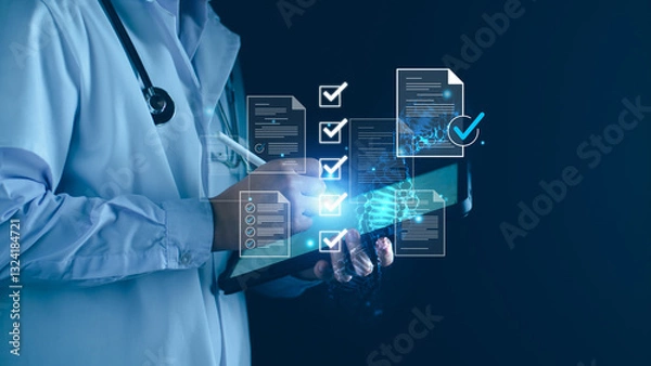 Fototapeta Medical research, doctor doing online checklist document, digital medical healthcare quality certificate, telemedicine