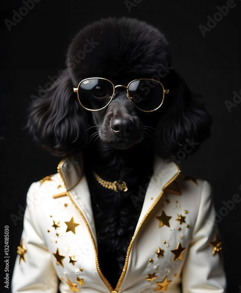 Obraz A black poodle wearing black sunglasses and a white jacket with gold stars on a dark background