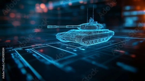 Obraz Highly detailed neon-blue wireframe of a military tank floats in a dark futuristic grid, highlighting mechanical components and a sci-fi aesthetic