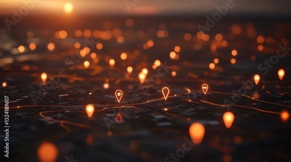 Obraz A vibrant digital map highlights local businesses with glowing navigation pins over a blurred cityscape, illustrating modern search engine optimization strategies