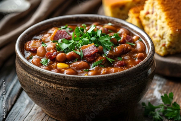 Fototapeta Delicious baked beans with bacon in a rustic bowl, garnished with fresh parsley.  Perfect for a hearty meal or side dish.