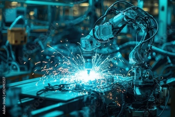Fototapeta A robotic arm is engaged in a welding task inside a large industrial facility. Bright blue sparks illuminate the workspace as metal components are joined, showcasing advanced manufacturing technology.