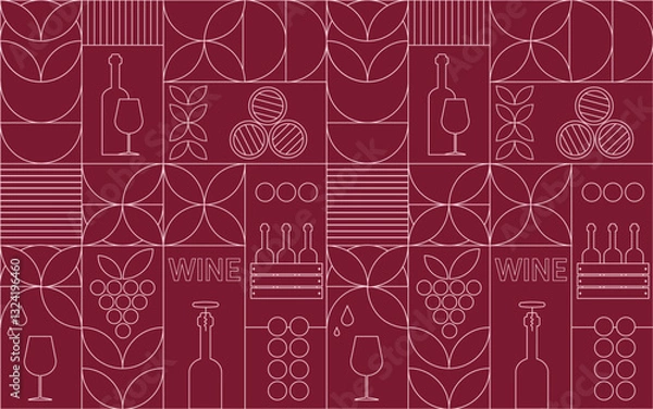 Fototapeta Red wine themed background with design elements in simple geometric style. Seamless trendy pattern with abstract shapes. Perfect for wine packaging design, cover design, wine menu