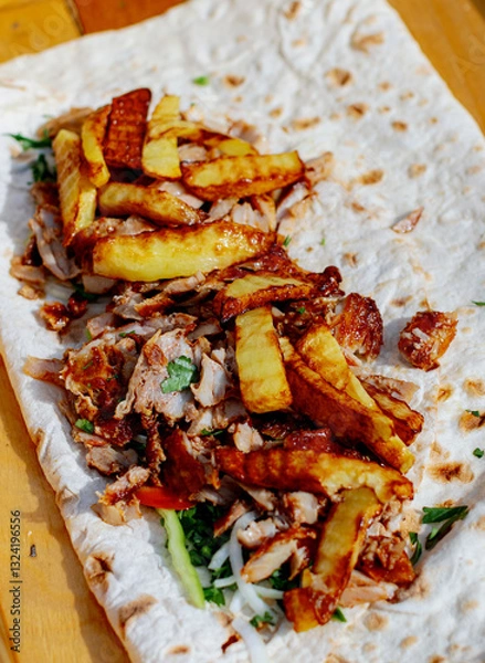 Fototapeta Shawarma with juicy meat and sauces