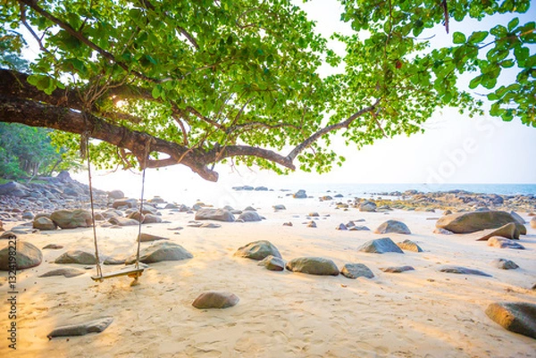 Obraz Swing on the sand beach. under the tree. Sand beach with rock.