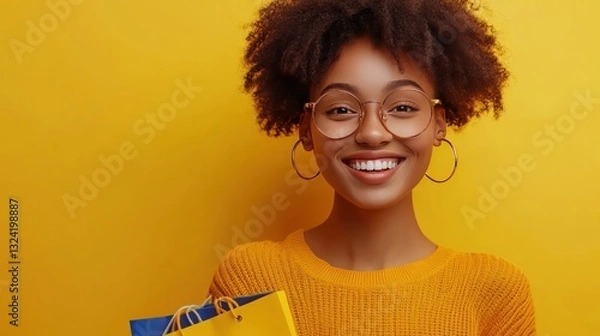 Fototapeta Cheerful happy woman enjoying shopping with copy space on the right side