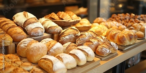 Fototapeta Mouthwatering Assortment of Freshly Baked Breads and Pastries in a Charming Bakery Display