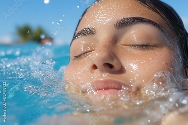 Obraz An up-close photograph of a young girl's face submerged in a pool, exuding tranquility and joy, enhanced by sparkling water droplets that create a dreamy ambiance.
