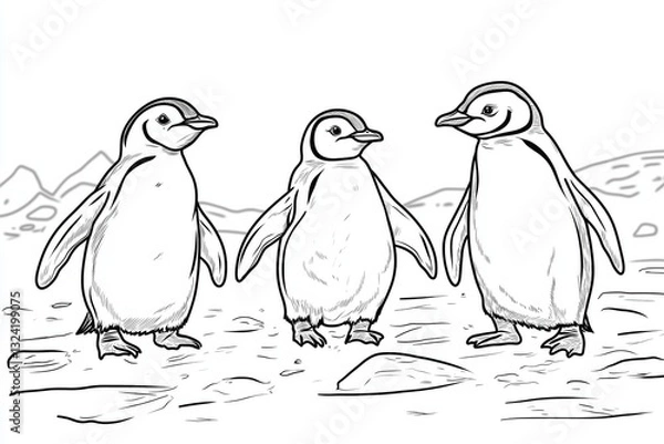 Fototapeta A family of penguins waddling on ice, coloring page for kids, simple outline illustration. Coloring book, simple lines