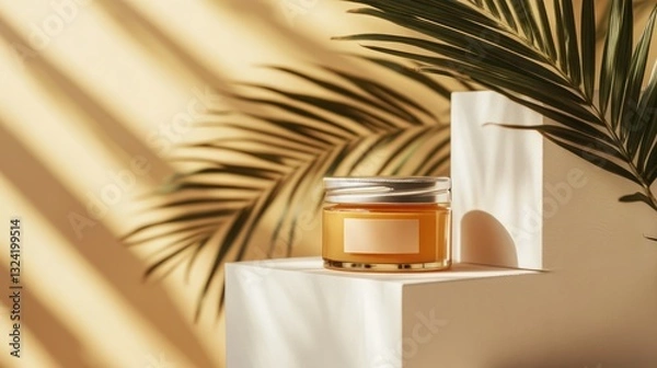 Fototapeta close up view of palm leaf, facial and body creams in glass jars on white cubes on beige background