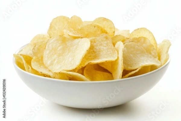 Fototapeta Bowl of crispy potato chips on white background. Neural network AI generated