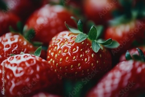 Obraz Close-up of ripe red strawberries with green leaves. Neural network AI generated