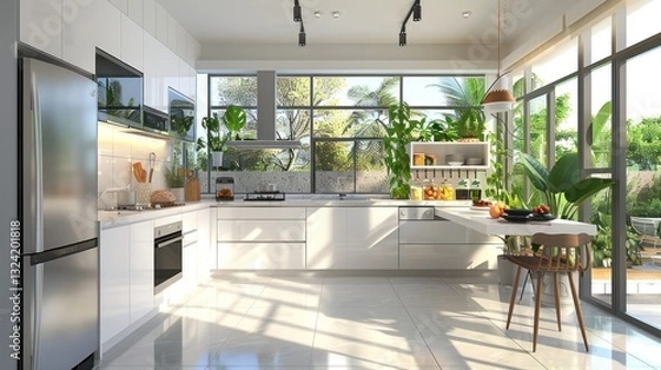 Fototapeta The key to a minimalist kitchen is to keep it clean and organized. All items and utensils should be stored neatly so that the room still looks clean and organized