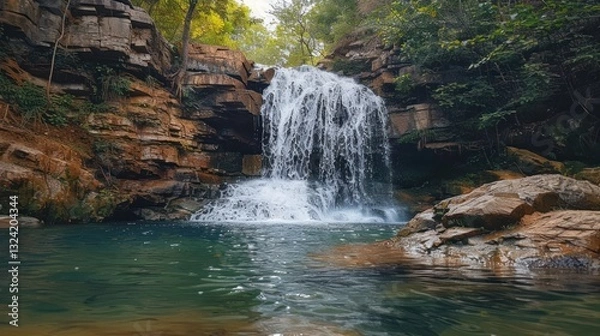 Fototapeta The waterfall is very beautiful from a distance, the water is clear, there are birds flying over it