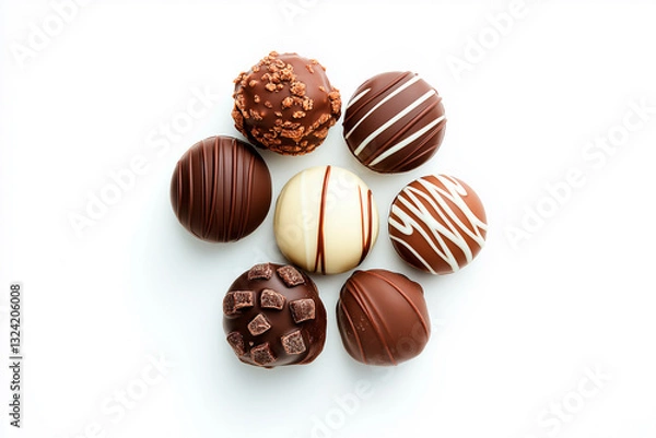 Fototapeta Assorted of dark, white and milk chocolate isolated on white background. Truffle, candy with decoration design pattern. 