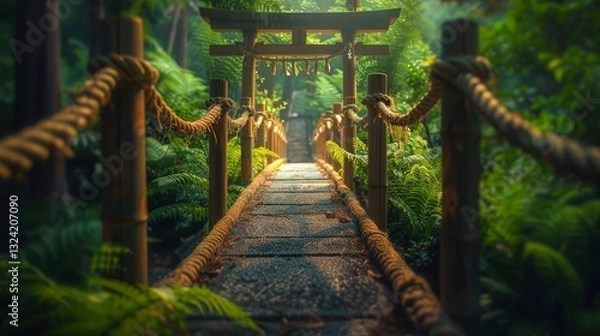 Fototapeta Serene pathway leading through lush greenery and a traditional gate in a tranquil forest setting