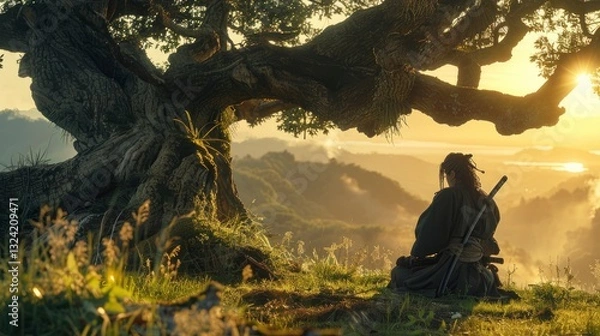 Fototapeta Serene warrior meditating under a sprawling tree at sunset, overlooking a misty landscape