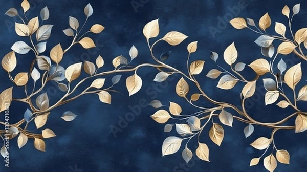 Obraz Brown, blue, beige, and gold tree branches and leaves create a 3D effect on a navy blue wall design.  Perfect for bedroom walls or carpets.
