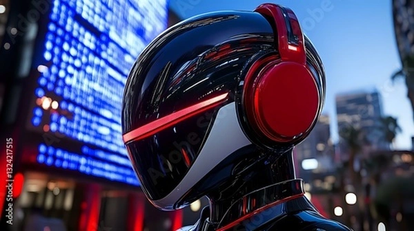 Fototapeta Futuristic black helmet with red glowing accents and matching headphones against urban night cityscape with neon lights and bokeh effects in cyberpunk style.