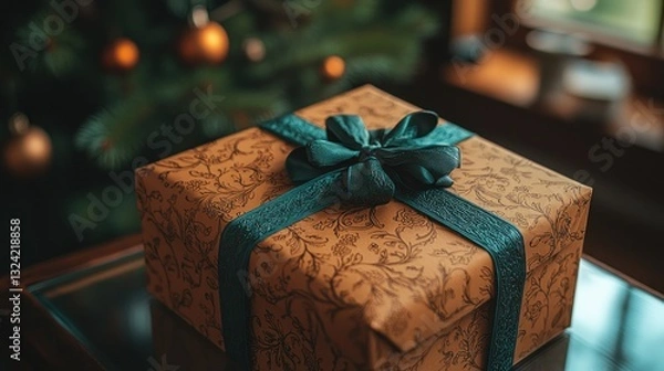 Fototapeta Decorated gift box with ribbon on table, Christmas tree background