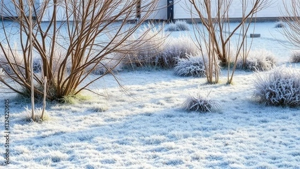Fototapeta A frosty lawn in winter with bare branches and snow-covered grass, winter landscape, frozen ground, wintry scene