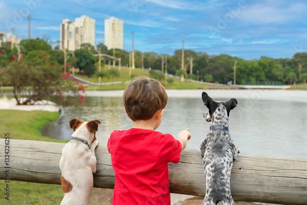 Fototapeta Little boy with his two best dog friends enjoying the day outdoors in a park with a lake on a beautiful day.