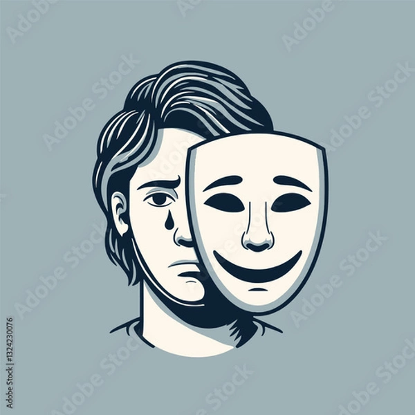 Fototapeta A person with a sad expression and a tear holds a smiling theatrical mask in front of their face.