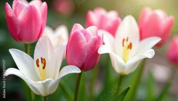 Obraz soft pink tulips and white lilies intertwined, nature, garden