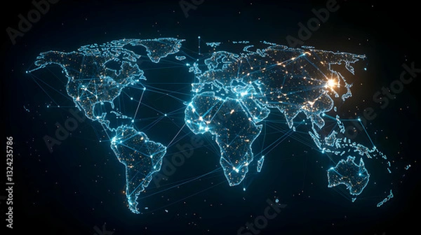 Fototapeta Glowing Blue World Map On Dark Background With Network Connections Data Flow And Digital Technology Visualization For Global Communication And